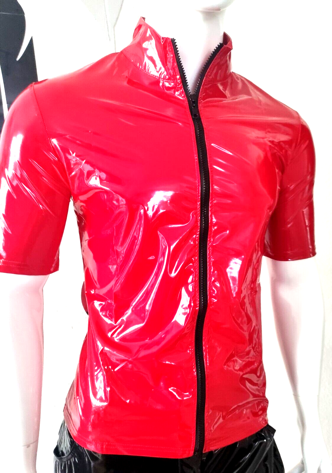 ALTRA Nuovo per uomo! Camicia pelle verniciata lucida manica corta vernice sexy cerniera lucida a specchio Red M