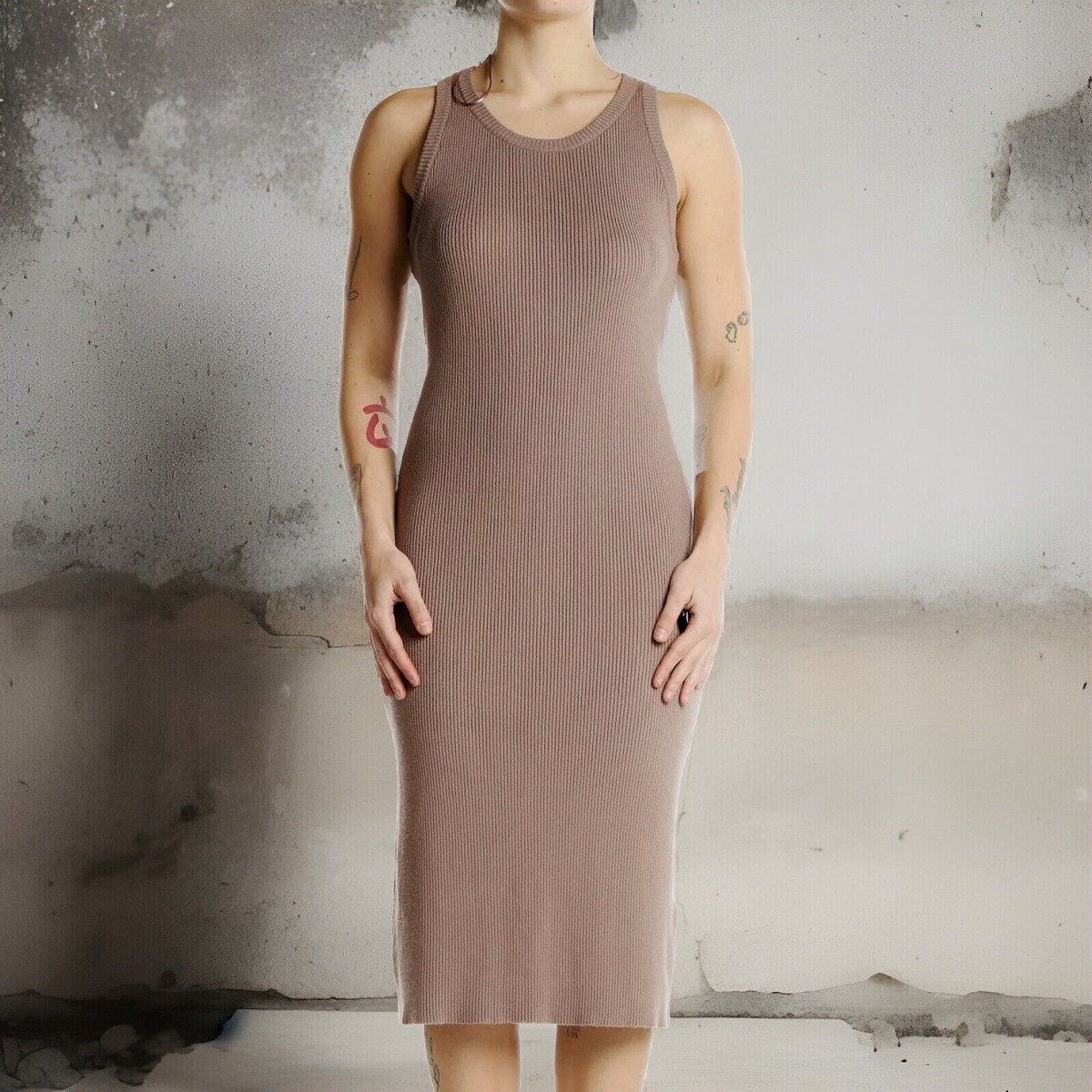 RACHEL ZOE Dress Womens XSmall Tan Sleeveless Ribbed Knit Crew Neck Sweater  Midi