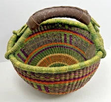 ALAFFIA Basket Handmade Ghana Africa Leather Handle Green Orange 10"