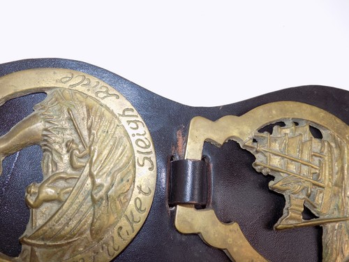 Victorian Era Whaling Horse Brass Medallions w/ Leather Bridle Saddle Strap - Picture 10 of 22