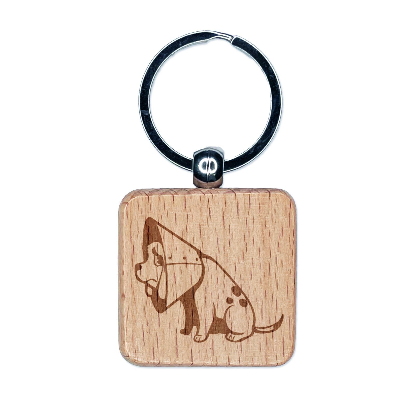 Sad Pet Dog in Cone of Shame Engraved Wood Square Keychain Tag Charm
