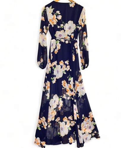 REVERSE Sheer Wrap Dress Womens Plus Size L Navy Blue Floral Print Lined - Picture 6 of 16