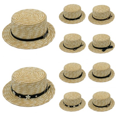 Women Summer Visor Flat straw hat Boater Fedora Beach Sun hat 100/% Wheat straw