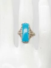 Antique 1920s Ostby Barton 3ct Natural Turquoise 14k White Gold Filigree Ring
