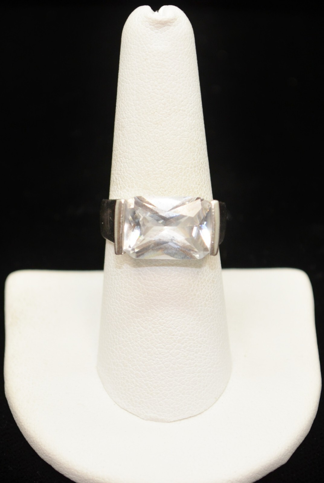 Sterling Silver Big Rectangle Clear Gem Ring SZ 8… - image 1