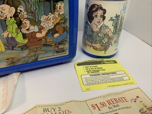 Vintage Aladdin Snow White & The Seven Dwarfs Blue Plastic Lunch Box & Thermos - Picture 4 of 11