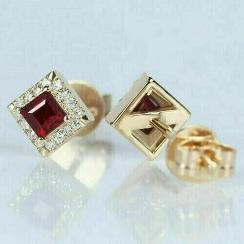 1.50Ct Simulated Princess Red Ruby Halo Stud Earrings 14K Yellow Gold Plated