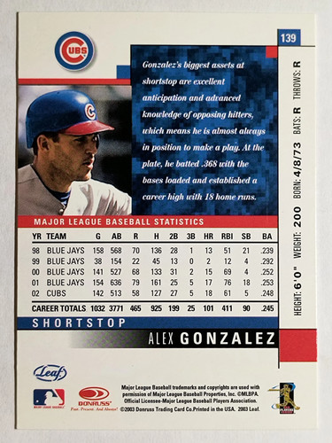 2003 Leaf #139 Alex Gonzalez - Picture 2 of 2