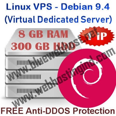 Linux VPS Server - Debian 9.4 Virtual Dedicated Hosting 8GB RAM + 300GB HDD