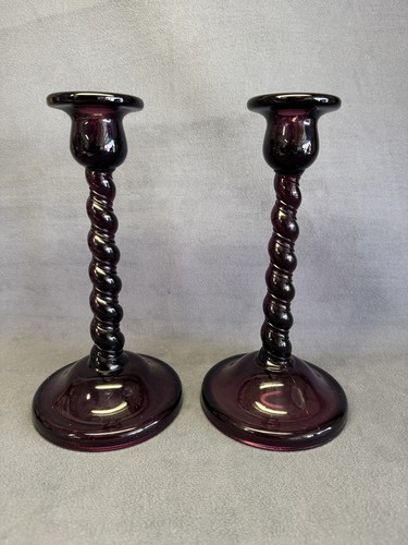 Vintage Cambridge Purple Amethyst Glass Twisted Spiral Candlesticks Pair
