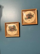 Pair of Mid-Century Convex Glass Framed Dried Flower Arrangements   3D Floral Wa