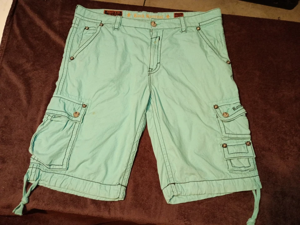 Pantalones Cortos Carga Rock Revival REC100 Para Hombre 40x24 Azul Bolsillos Utilitarios Foto 2 de 4