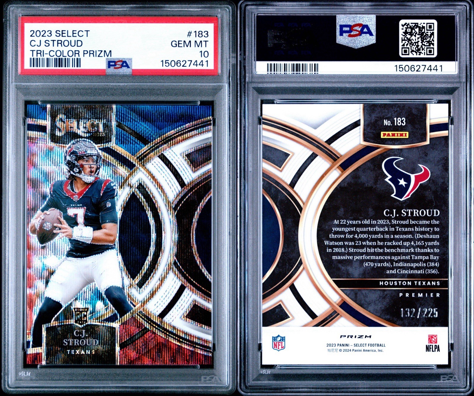 2023 Select Premier Level C.J. Stroud #183 Tri-Color Prizm /225 (RC) PSA 10 view 3