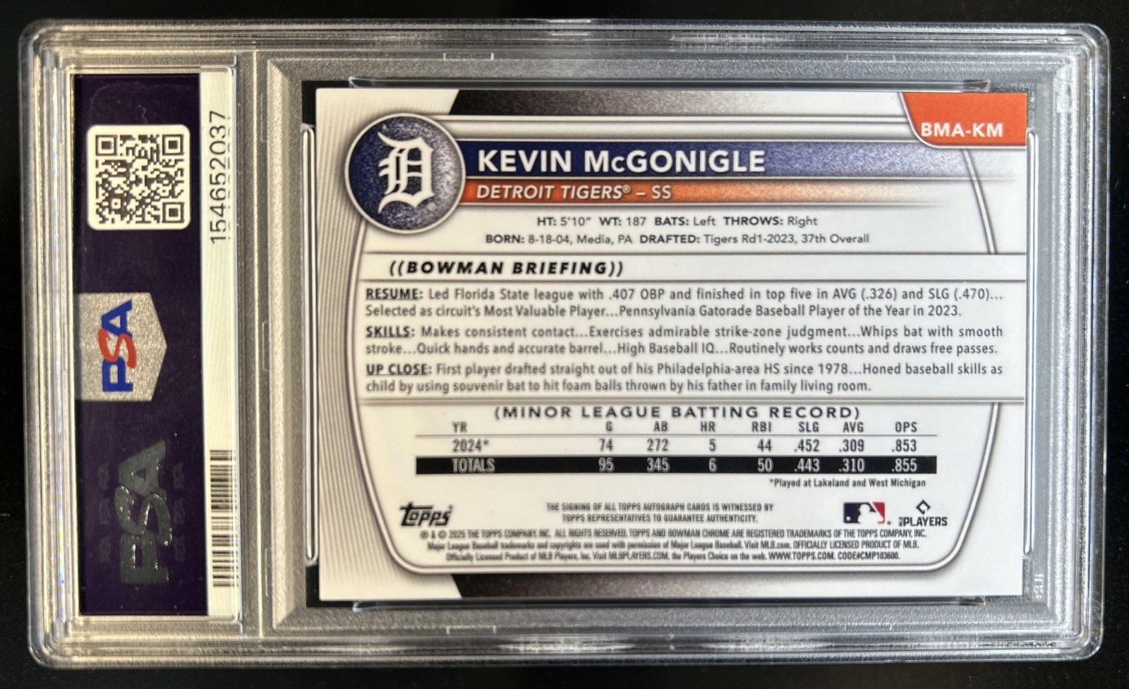 2025 Bowman Kevin McGonigle Chrome Auto Mega Box Refractor 1st #BMA-KM PSA 9 view 2