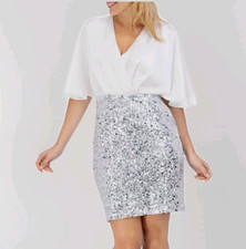 Eliza J Party Dress 14 Surplice Sequin Cocktail Mini Silver Cape Sleeve NYE XL