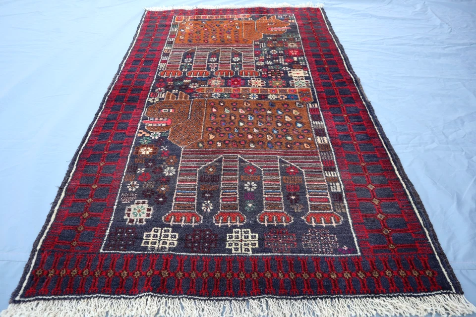 Alfombra 3x4 Vintage Afghan Baluchi Pictórica - Alfombra de Lana Rara Motivo León - Tribal Foto 2 de 4