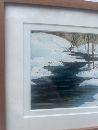 Quadro acquerello originale firmato con cornice Walter Cudnohufsky Snowy Brook nuovo en - Foto 2 di 7