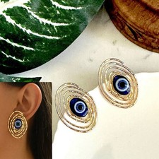 Gold Swirl Evil Eye Earrings Oval Luck Protection Boho European Gift Jewelry NEW