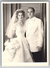 Vtg B&W Snapshot Bride Lace Gown Veil Groom White Tuxedo Wedding Couple 1950s