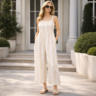 SAKS FIFTH AVENUE 100% LINEN Striped Jumpsuit MEDIUM Wide Leg Button Pockets