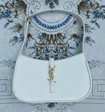 Saint Laurent White Leather Crescent Shoulder Bag Gold YSL Logo Magnetic