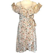Xhilaration Floral Cold Shoulder Faux Wrap Dress Ruffle Lightweight M Ivory ✨