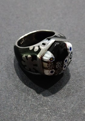 ALAN K 925 Sterling Silver Murano Glass Black White Floral Dome Ring Size 6.25