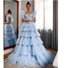 Sky Blue Ruffled Tulle Off Shoulder Evening Dresses A Line Sleeveless Tiered 