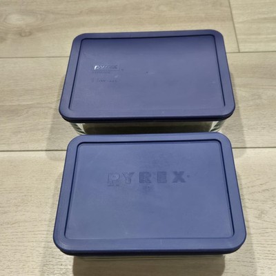 Pyrex Rectangular Storage Container Set Glass Blue Lids 6 Cup & 11 Cup USA