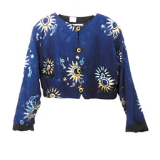 Global Village Batik Jacket One Size Lagenlook Blue Boho Print Cropped