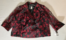 Alex Evenings Sheer Sleeve Floral Light Blazer Blouse Black Red 2X New