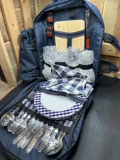 Four Person Navy Picnic Backpack W/ Cutlery Plates Napkins & Cutting Board Set