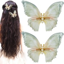 2 Pcs Green Butterfly Clips, 3D Moving Wings Butterfly Hair Clips, Pearl Strong
