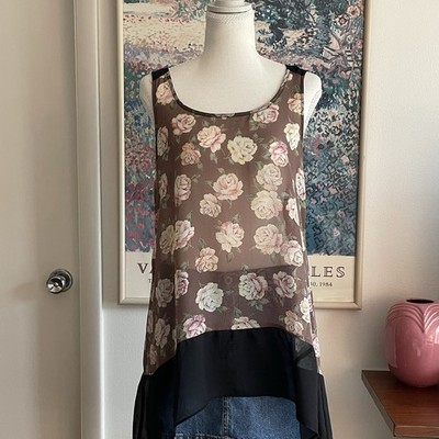 Moa Moa Floral Rose Chiffon Tank Top Small Brown Hi-Low Sheer Romantic Fairy Y2K