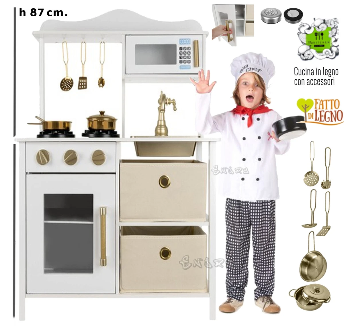 CUCINA GIOCATTOLO IN LEGNO PER BAMBINI PREMIUM FORNO FORNELLI ACCESSORI