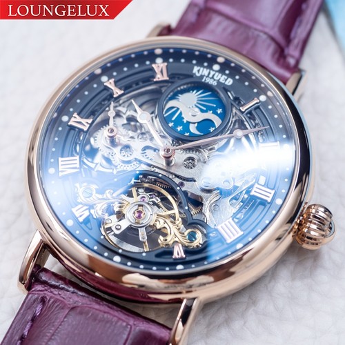 Mens Dual Time Flywheel Automatic Mechanical Watch Rose Gold Purple Leather - 第 1/12 張圖片