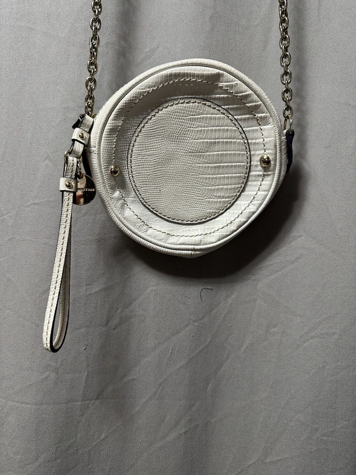 Винтажная белая розовая круглая сумка Juicy Couture с золотым ремешком на цепочке - Изображение 3 из 4