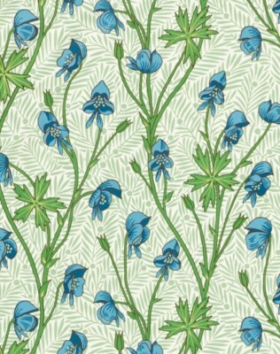WILLIAM MORRIS VORHANGSTOFF 'MONKSHOOD' 3,3 METER KOBALT/KOBOLD GRÜN BAUMWOLLE