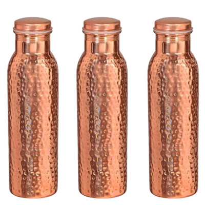 100% Pure Copper Water Bottle Hammered For Ayurvedic Health Benefits Set Of 3 Pc