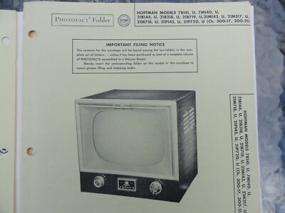 Vintage Sams Photofact Manual HOFFMAN MODELS 7B141, 7M140, 21B144, 21B719, 