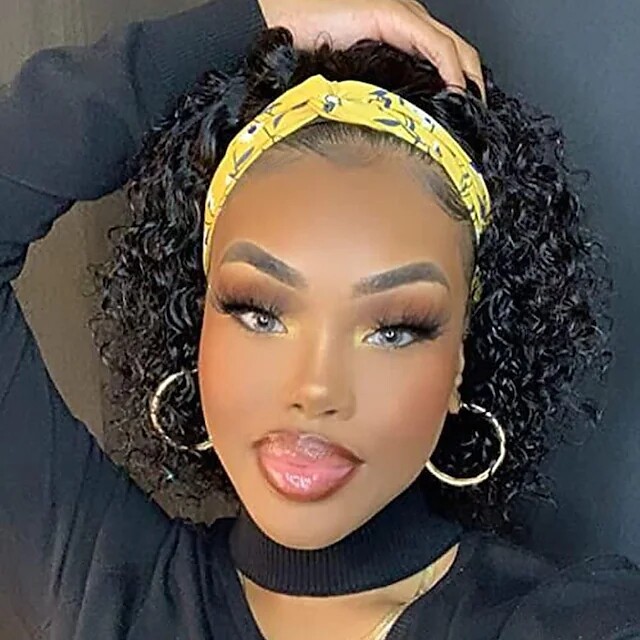 Short Black Headband Wig Natural Curly Human Hair Wig For Women