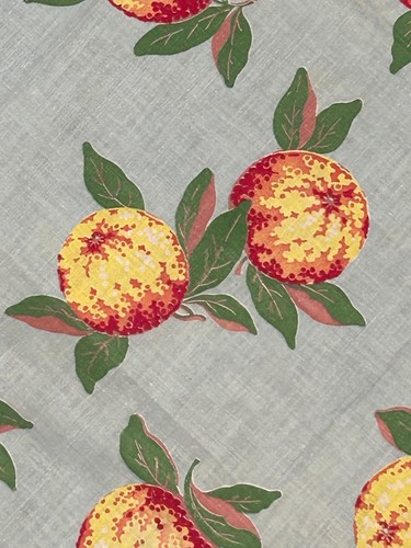 Vintage blaue Tischdecke Pfirsich Obst Druck gelb Häkelkante Baumwolle 34”x33”