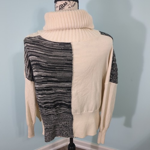 Karen Millen Mixed Knit Turtleneck Sweater Wool Cream Gray Side Split small - Picture 2 of 6