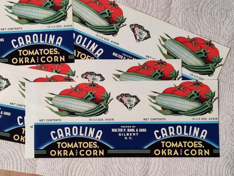 5 Vintage Can Labels Carolina Tomatoes, Okras & Corn Walter P. Rawl & Sons