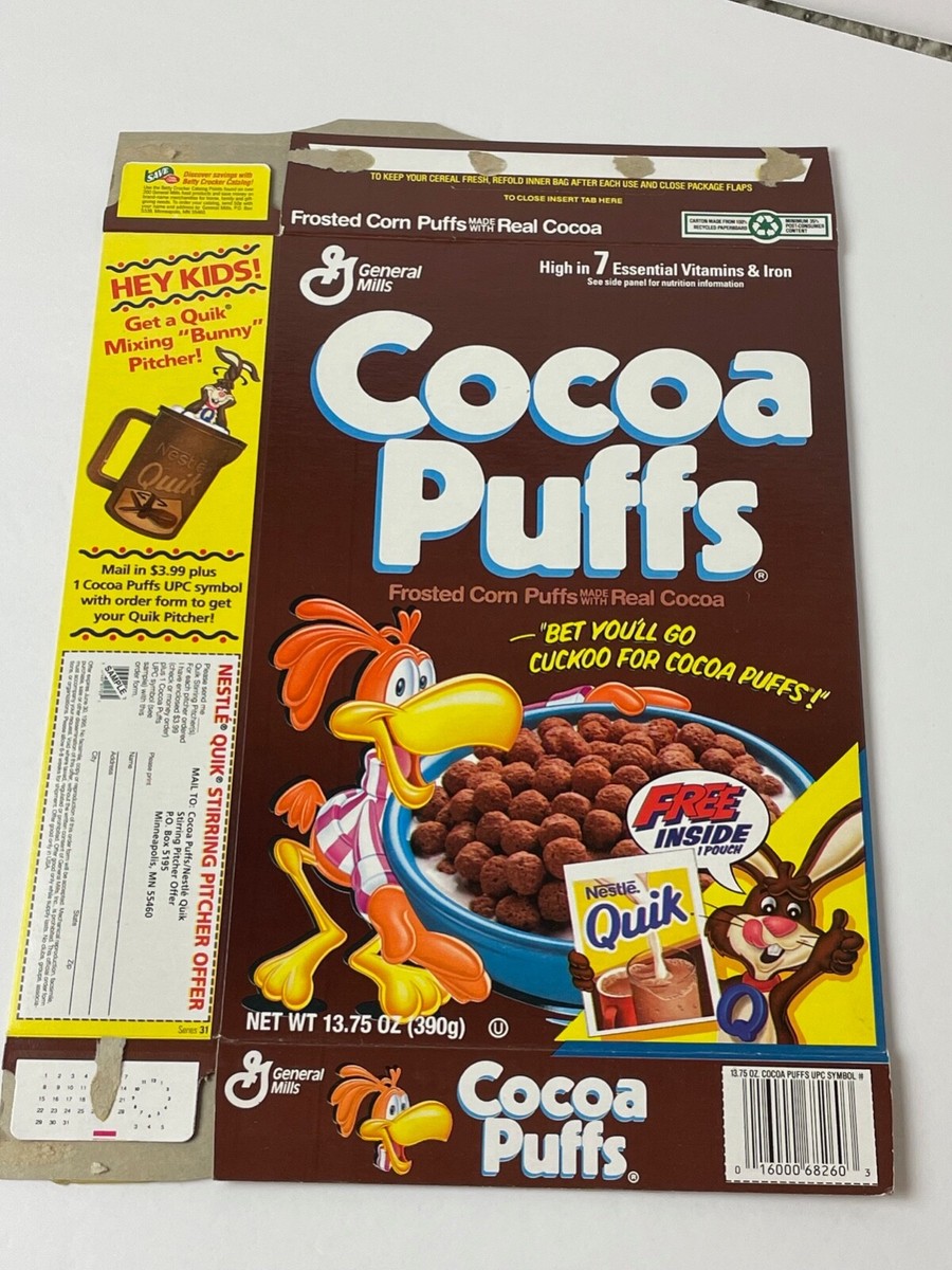 1995 GM COCOA PUFFS cereal box w/ Nestle Quick Rabbit Shaker