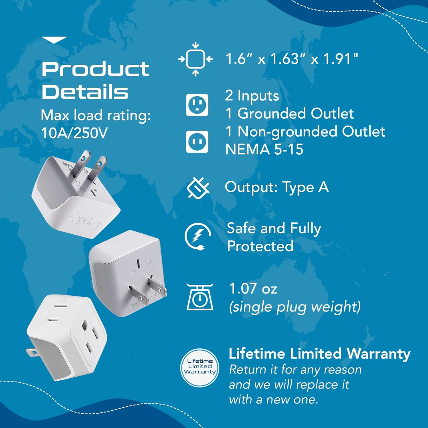 Japan, Philippines Travel Adapter Plug by Ceptics - USA 3 Pin Polarized to 2