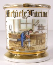 1916 HAND PAINTED CARPENTER / CARPENTER SHOP INTERIOR OCCUPATIONAL SHAVING MUG