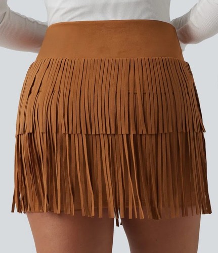 Halara M Crossover High Waisted 2-in-1 Fringe Hem Bodycon Mini Suede Party Skirt - Picture 5 of 6