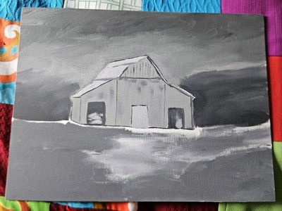 Original artwork by me bl & wh acrylic on board 12x16 OOAK The Night Barn