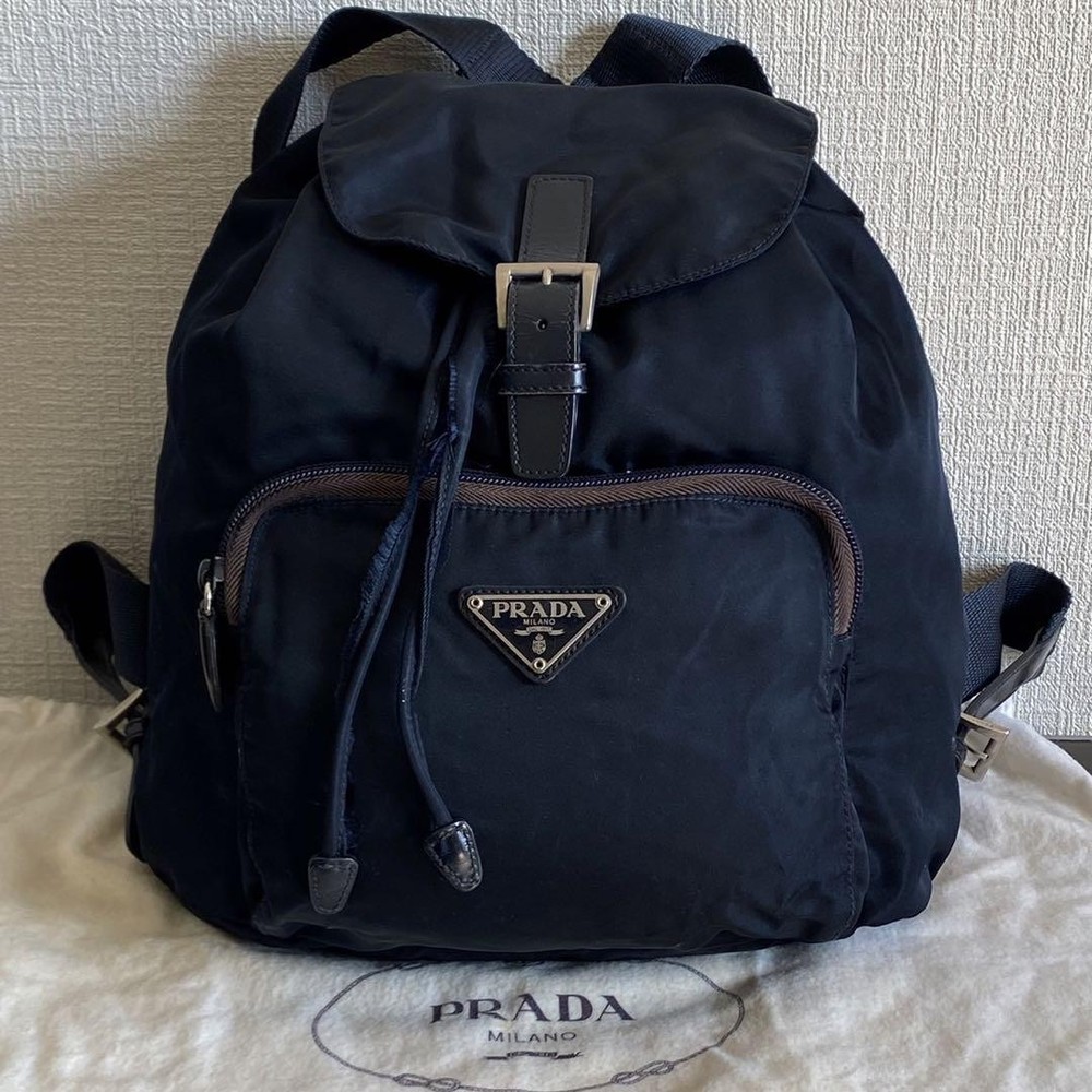 PRADA Nylon Backpack with Triangle Logo Plate in Dark Navy